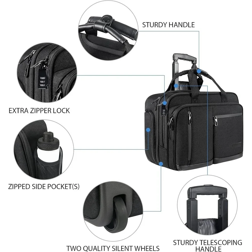 VANKEAN Rolling Laptop Bag – 17.3 Inch – Black Travel Work Business Case